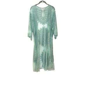 Rachel Zoe Kimono Duster One Size Lace Embroidered Boho Sheer Coverup Beach Teal